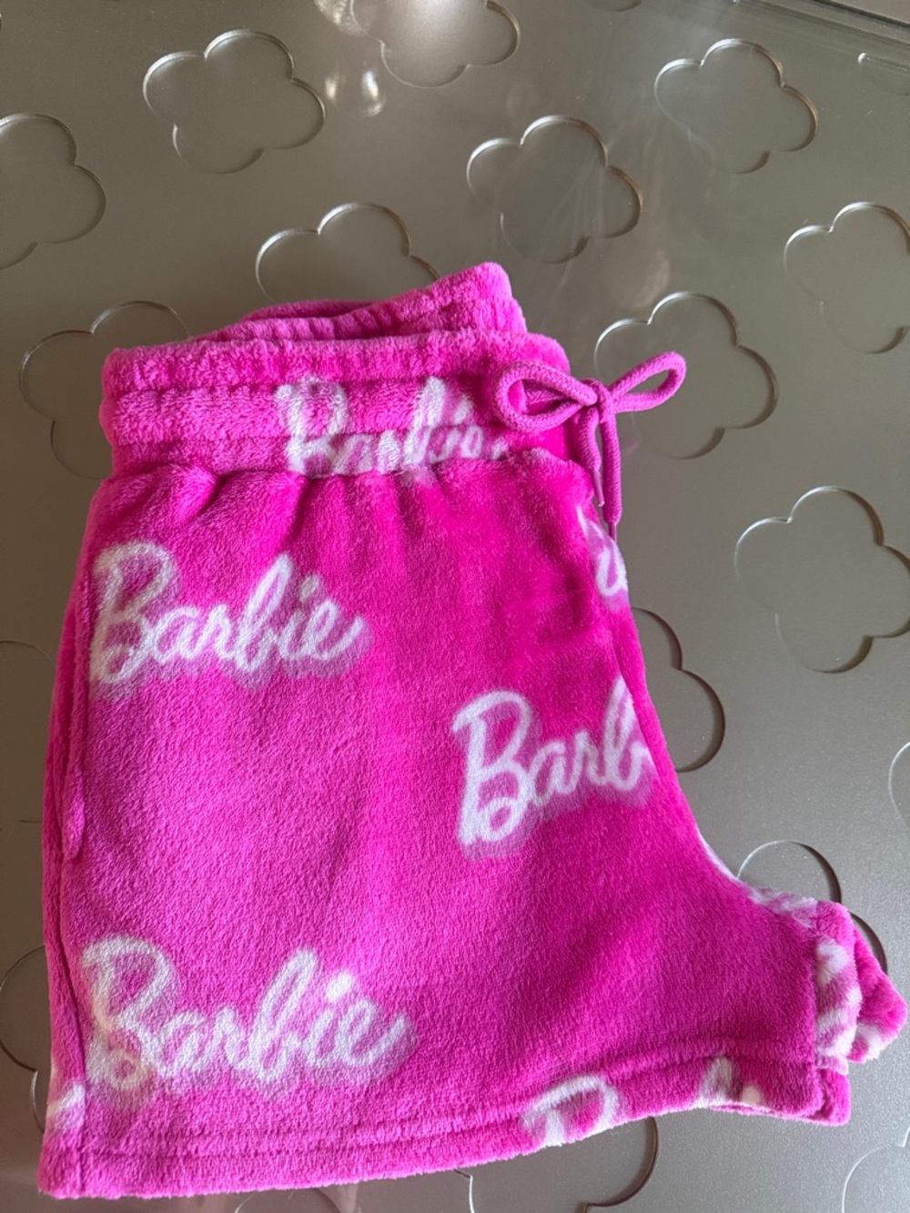 BARBIE Plush Lounge Shorts Pink Logo Fleece Pajama Sleep Shorts Size Small - Picture 8 of 14